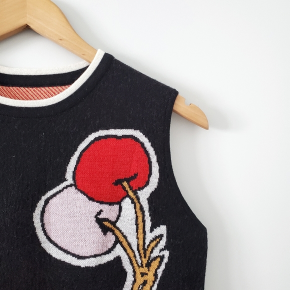 Black Fruits Print Wool Sleeveless Mini Shift Dress - Picture 4 of 8